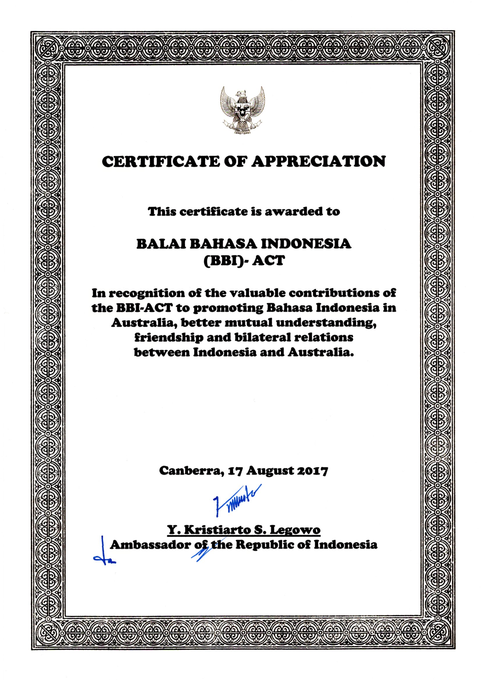 170817 BBI (ACT) Certificate of Appreciation